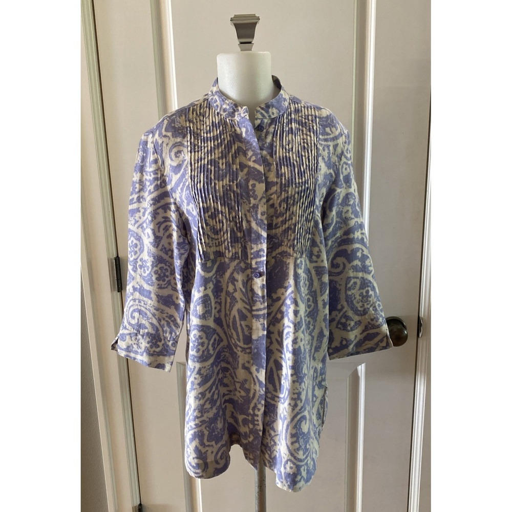 Coldwater Creek Blue Ivory 100% Linen Resort Beach‎ Shirt  -Size PM (10-12)